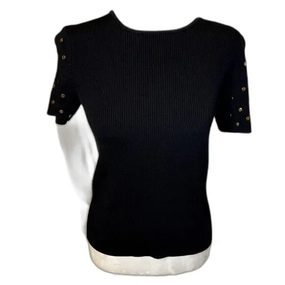 Zara Knit Ribbed Short Sleeve Top Black Gold Stud Embellished Womens - Picture 2 of 6